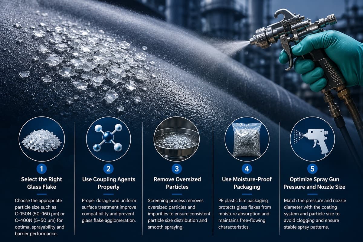 Spray application of a glass flake anti-corrosion coating through an airless spray gun